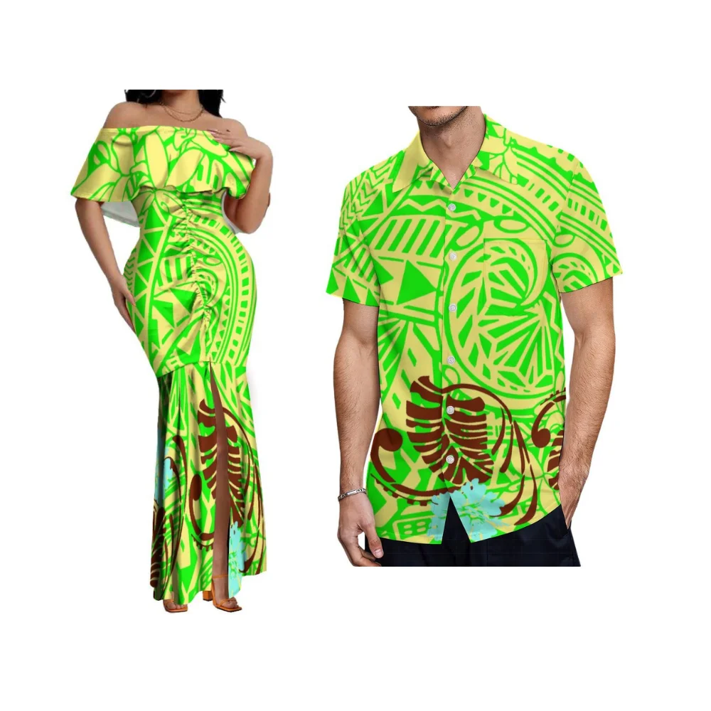 Polynesian Island Custom-Made Summer Couple Outfits Ruffled Fitted Pleated Women'S Fishtail Skirts And Men'S Casual Shirts