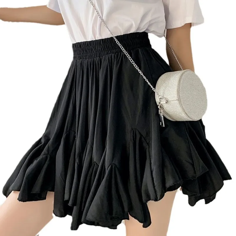 New Summer Girls' Short Skirt with Ruffle Edge Half Skirt Versatile Slim High Waist Fluffy Skirt A-line Skirt pleated skirt