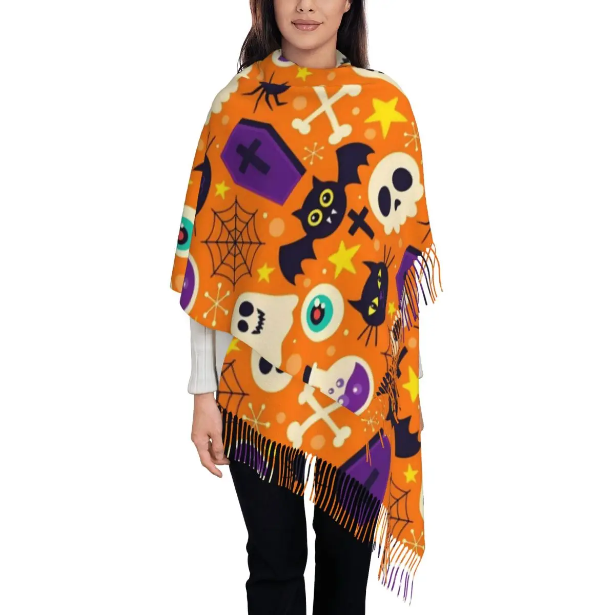 Halloween Scarf for Women Warm Winter Shawls and Wrap Ghosts Single-sided Pattern Shawl Scarf for Evening Dress