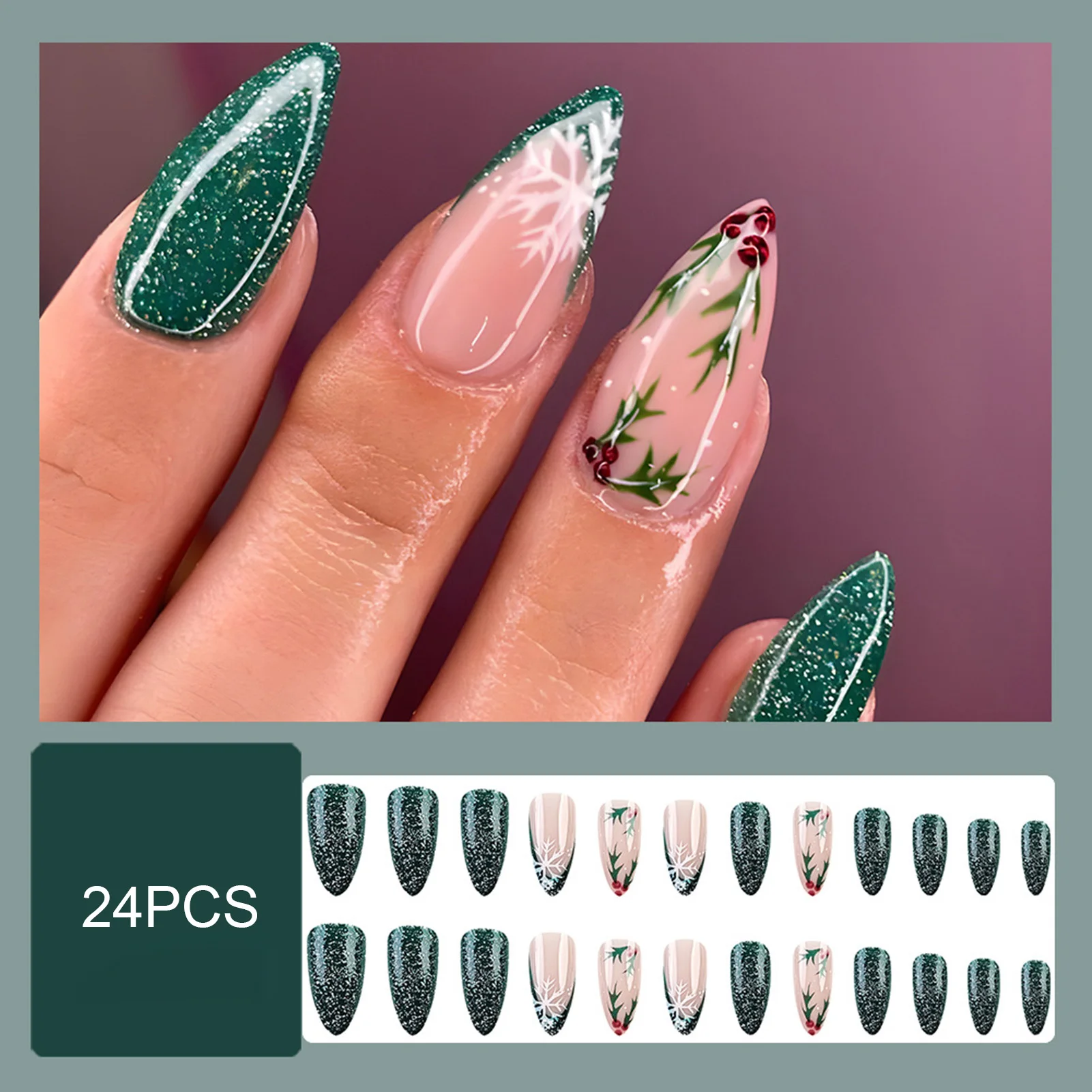 Christmas False Nails with Snowflake Printed Long Lasting Safe Material Waterproof False Nails for Manicure Lovers and Beauty