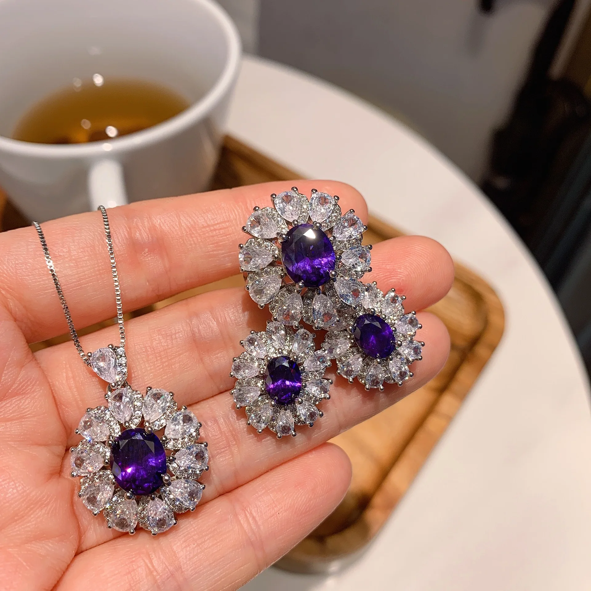

silver 925 Gorgeous Purple Flower Jewelry Sets Luxury Exquisite Water drop Diamonds Gemstone Ring Earrings Wedding Fine necklace