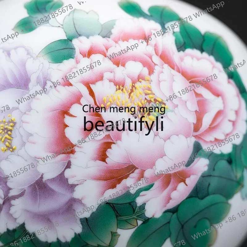 

Rich Tianxiang suet jade ceramic hand-painted peony vase, Chinese high-end home decoration ornament gifts X