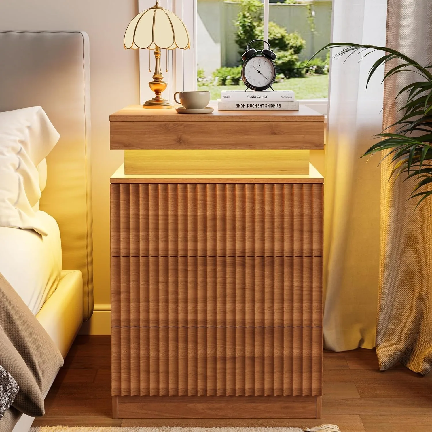 Modern Walnut Fluted Nightstand, Sliding Top, Charging Station & LED Lights, Customized
