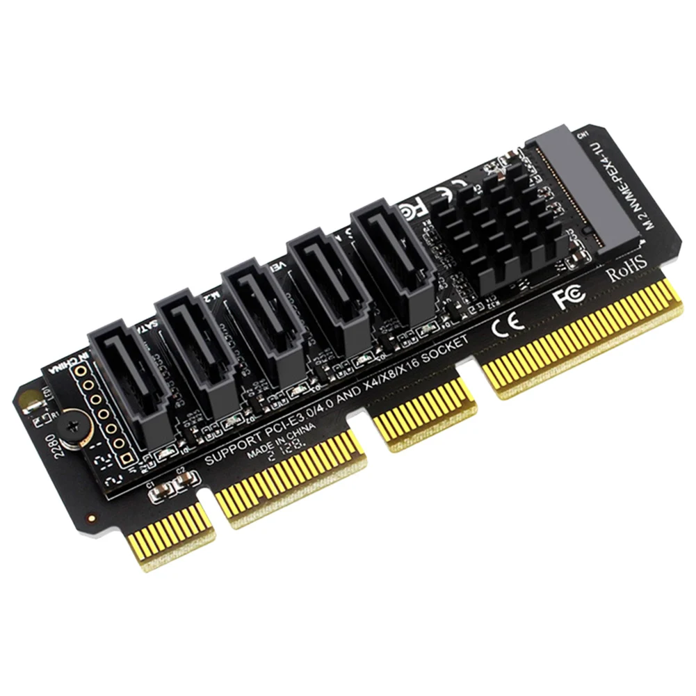 M.2 NVME To 5 Ports SATA3.0 Adapter M2 NVME SSD To SATA3.0 Expansion Card 6Gbps PCI-E Riser Card JMB585 Chipset Plug and Play