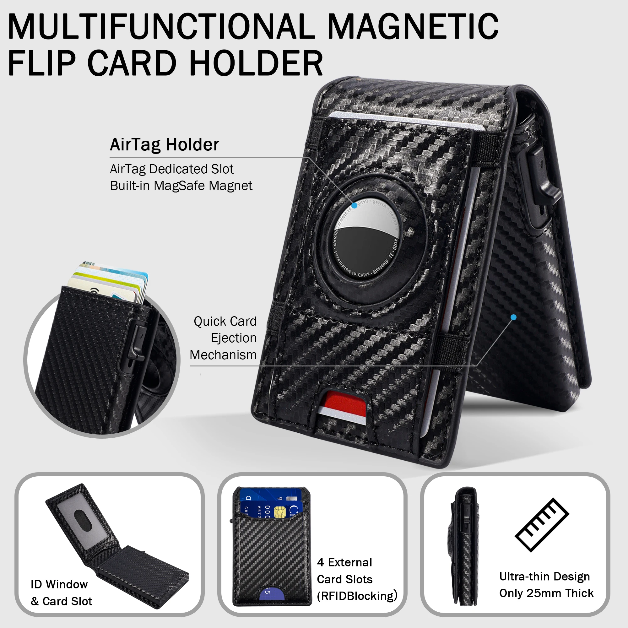 Minimalist Pop Up Card Wallet Built-in Airtag Slot RFID Blocking Leather Credit Card Holder Magnetic Closure Clear ID Window Back Exterior Pocket Slim Pocket Wallet For Men Business Travel