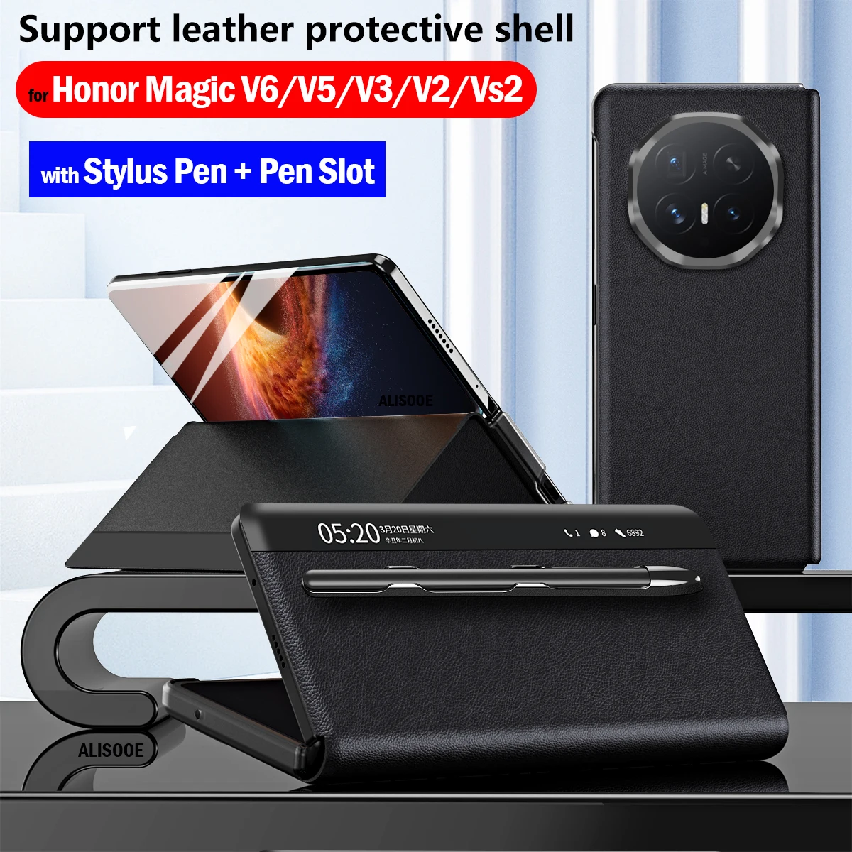 

with Stylus Pen Slot Leather Funda for Honor Magic V6 V5 V3 V2 VS2 VS Case Smart View Window Flip Leather Cover Wake Up Sleeping