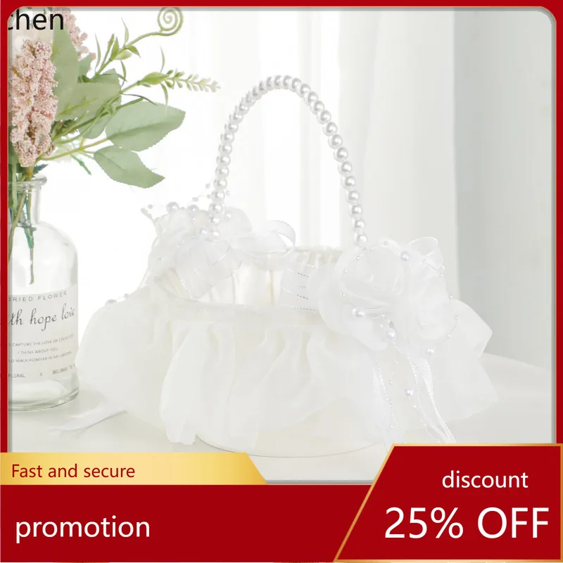 

Zml wedding flower girl basket - small handheld basket with bow and lace trim for weddings