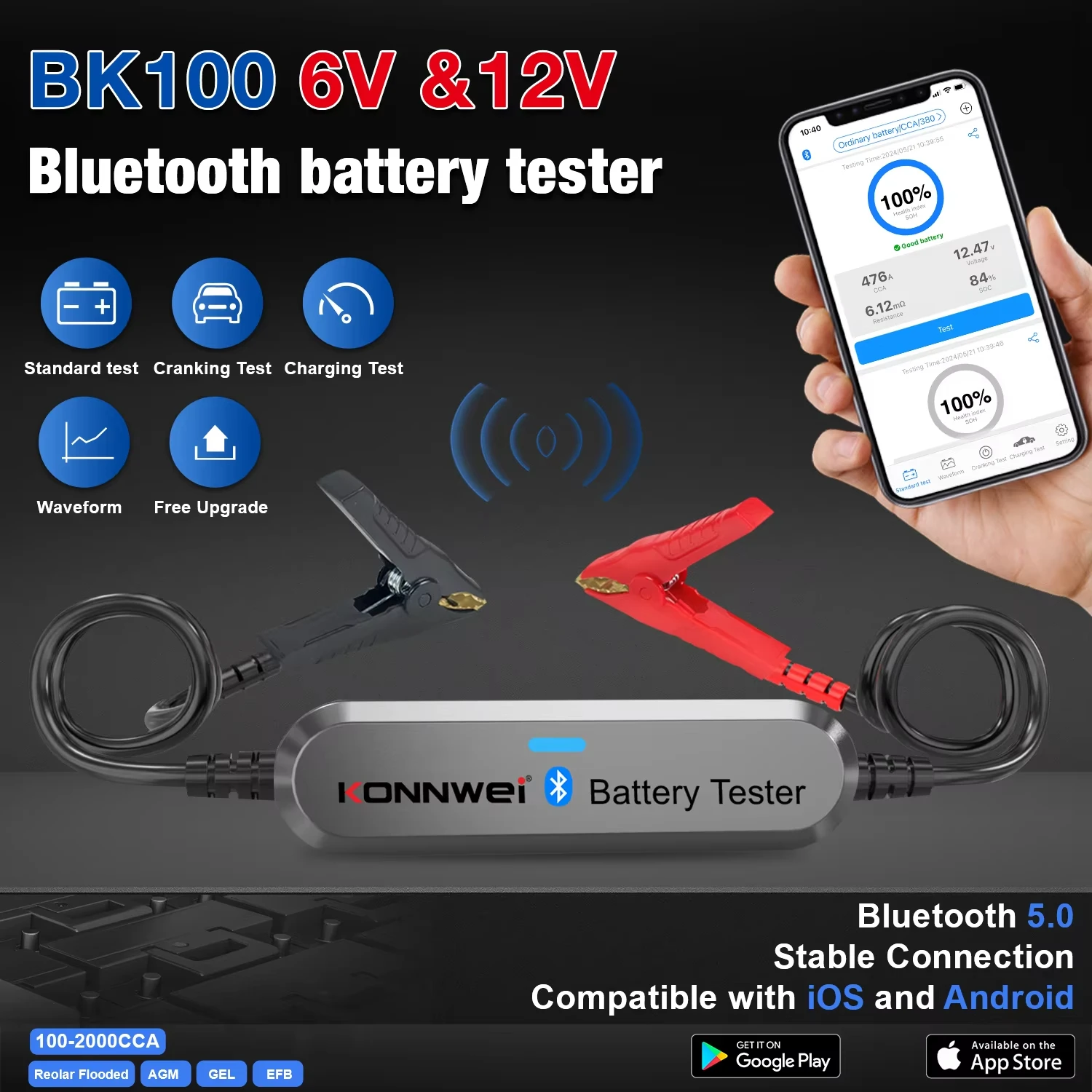 KONNWEI BK100 Bluetooth 5.0 Car Motorcycle Battery Tester 6V 12V Battery Monitor 100 to 2000 CCA Charging Cranking Test Tools