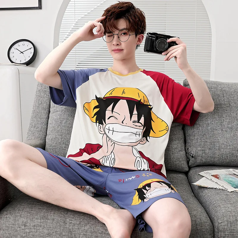 One Piece Luffy Modal Men Pajamas Set Summer Cool Ice Silk Short-Sleeved Trousers Large Size Homewear Suit Anime Peripheral Gift