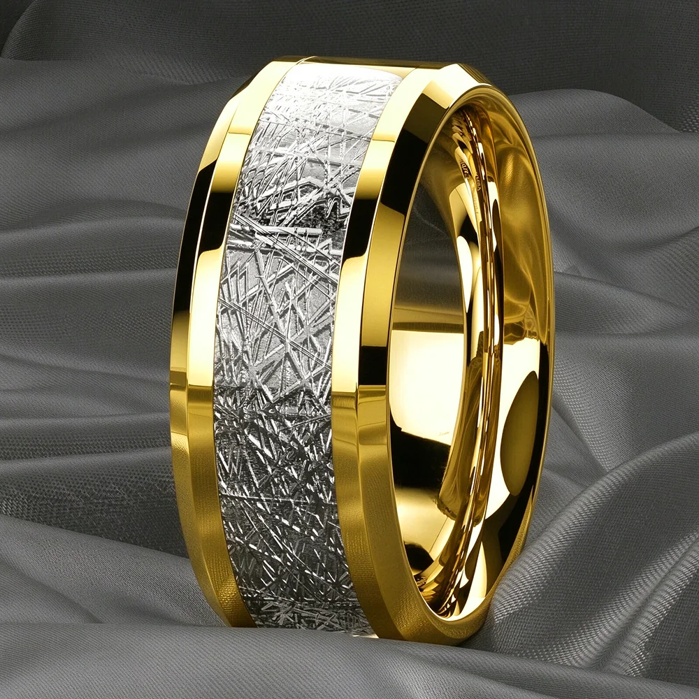 Trendy 8mm Men Stainless Steel Rings Vintage Silver Color Meteorites Inlay High Polished Rings For Men Wedding Band Jewelry Gift