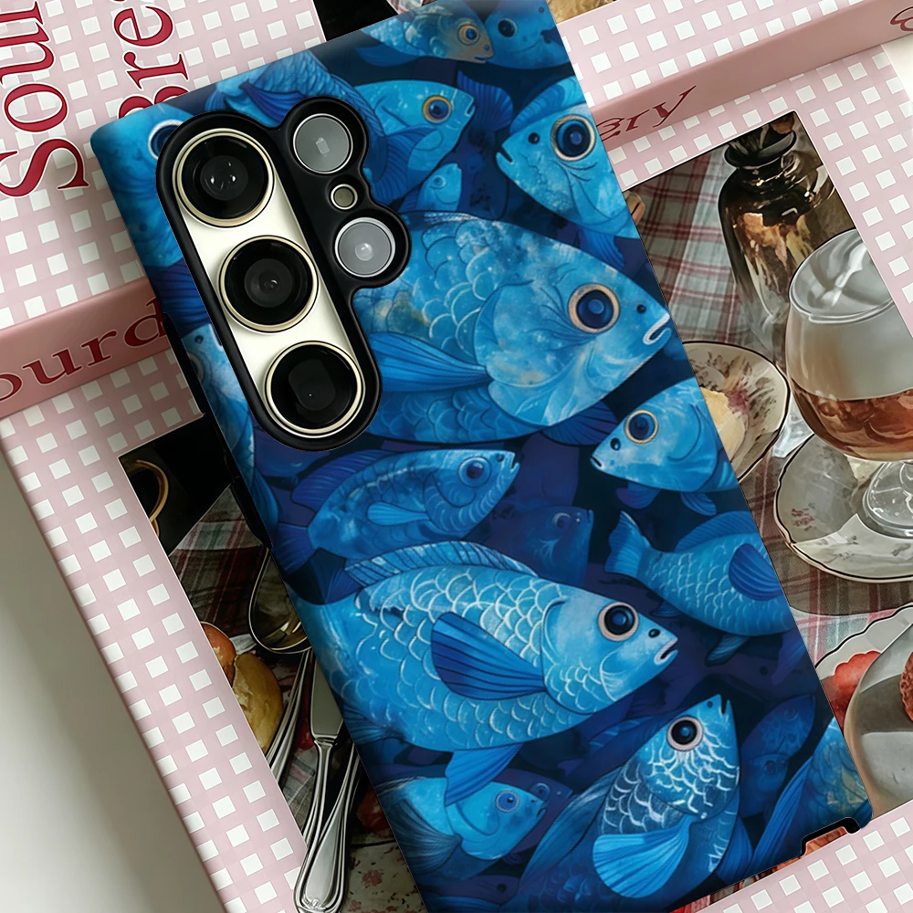 Azure Fish Swarm Fantasy Phone Case for Samsung Galaxy S25 Ultra S24 S23 Ultra Plus Shockproof Double Layer Back Cover