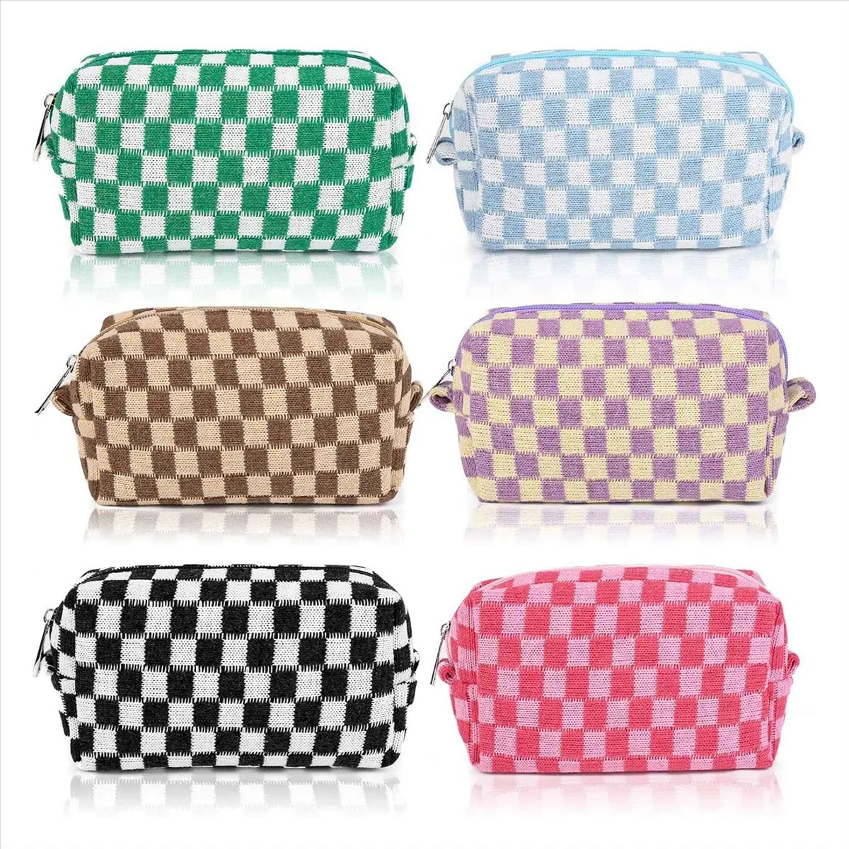 [N84R] 6 Pcs Checkered Makeup Bag Cosmetic Bag Bulk Makeup Pouch Personalize Travel Toiletry Bag Organizer Cute Makeup Brushes