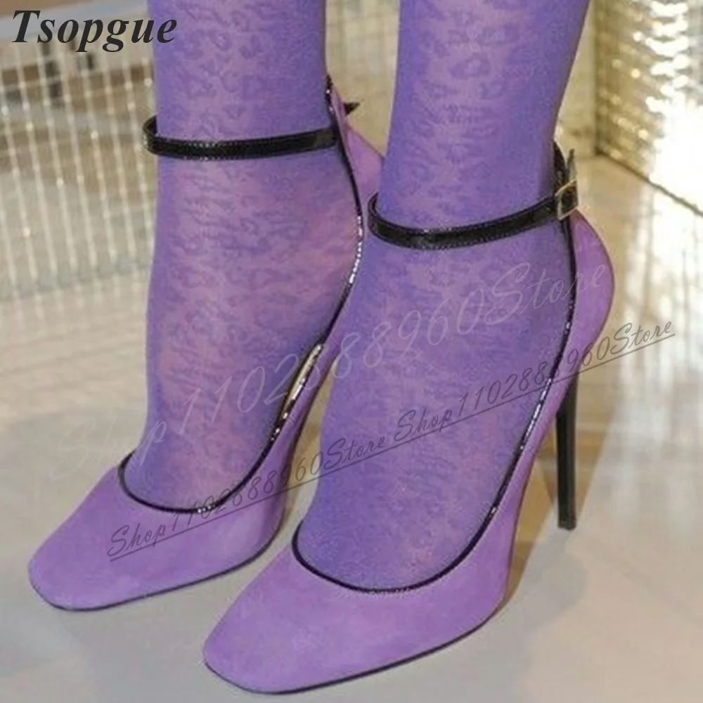 

Purple Flock Elegant Shallow Pumps Thin High Heel Women Shoes Ankle Buckle Strap Round Toe 2024 Fashion Zapatos Para Mujere