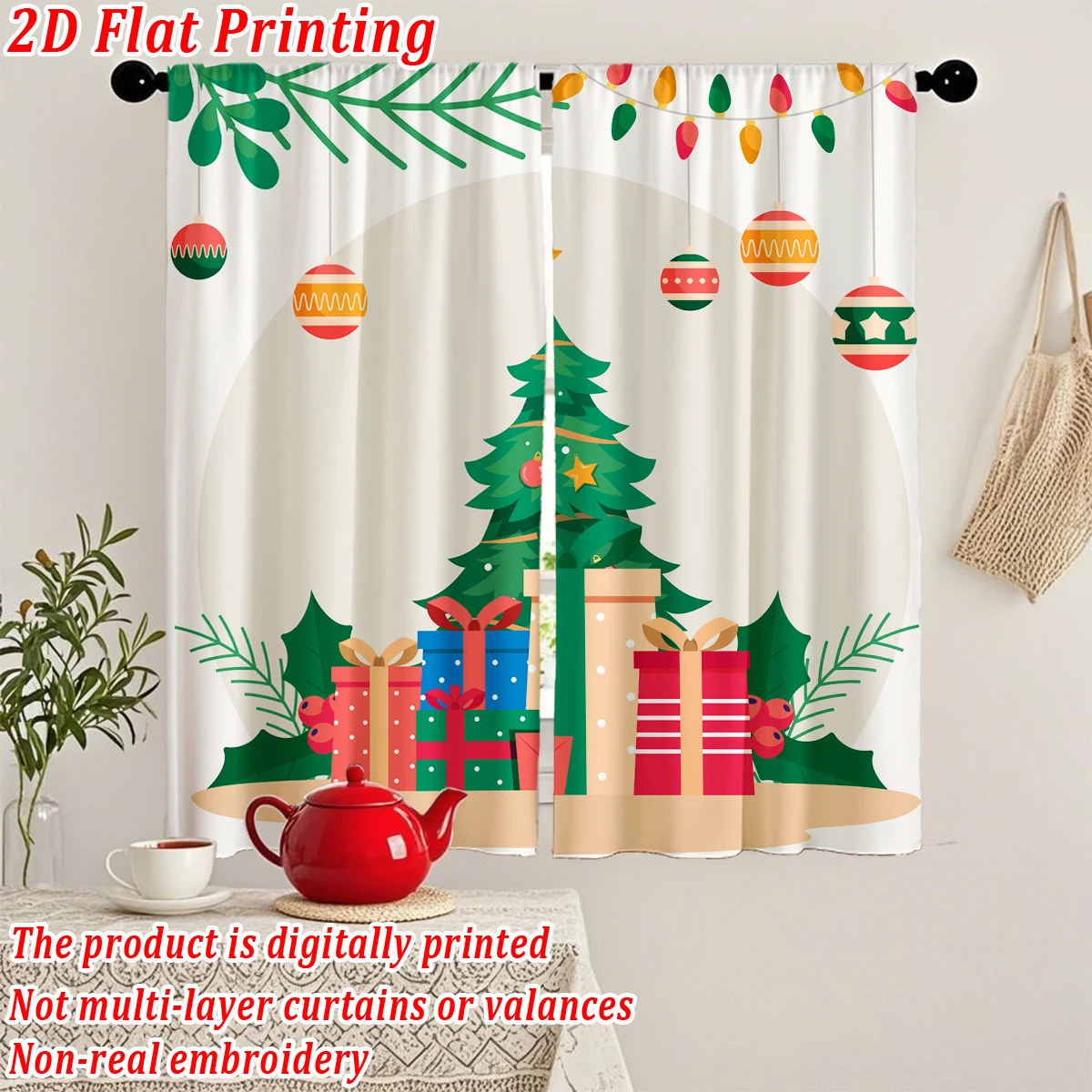 Christmas Flat Printing Kitchen Curtains With Christmas Tree Gift Box Christmas Ball Berry Holiday Home Door Window Decor