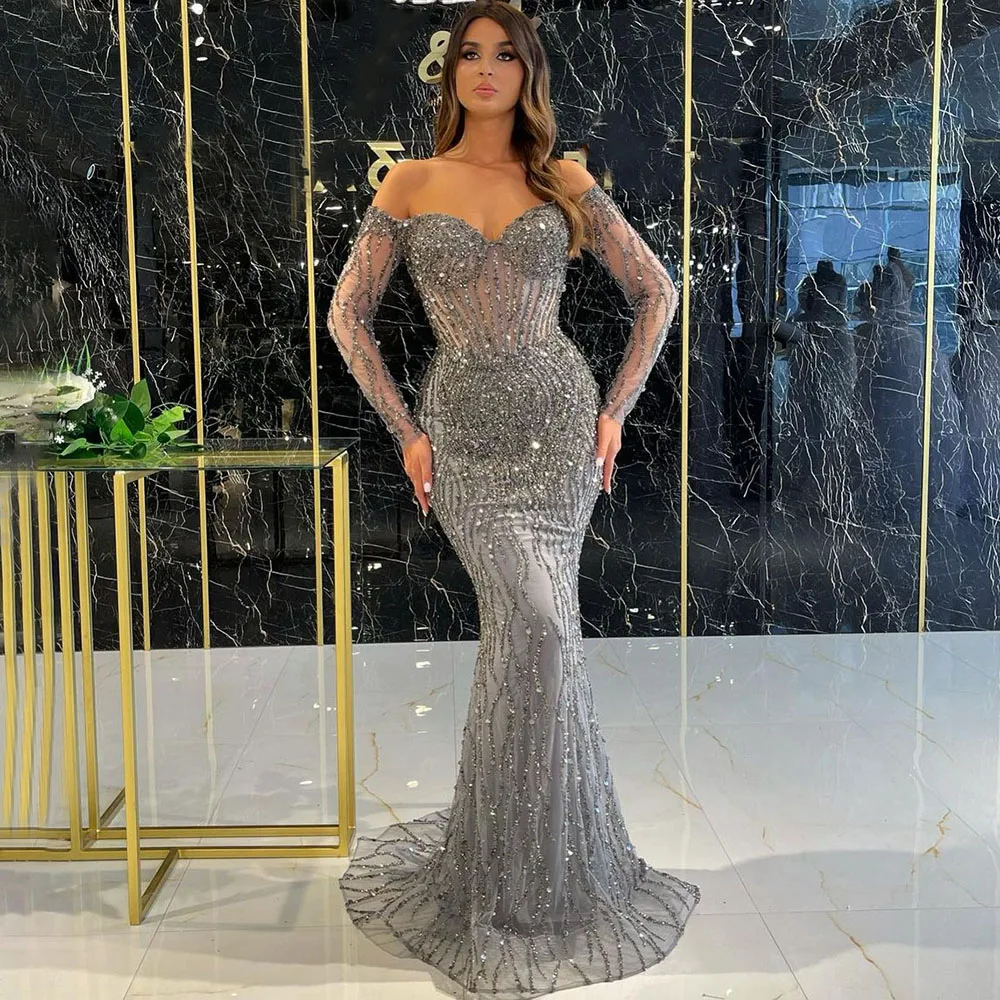 

Grey Mermaid Spaghetti Strap Luxury Beaded Elegant Evening Dresses Gowns 2024 For Woman Wedding Party LA71650