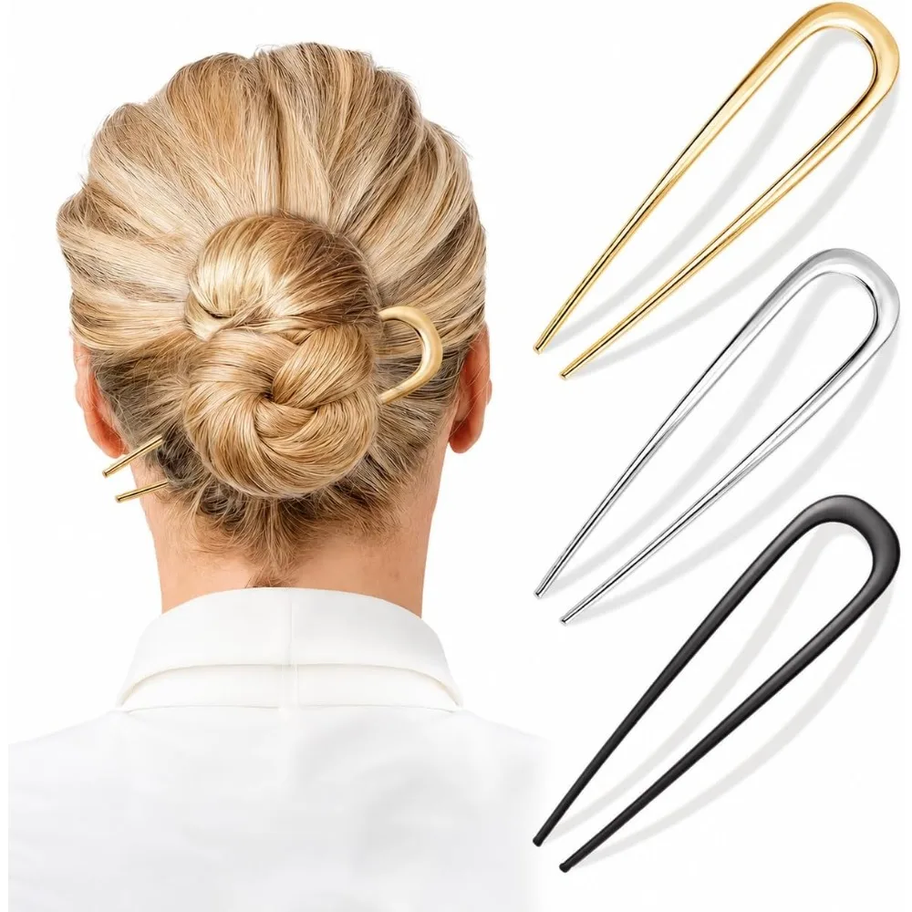 3Pcs Metal U Shape French Hair Pins Alloy Hair Stick Fork Vintage Bun Maker Updo Tool Twist Clip Hair Accessories for Women