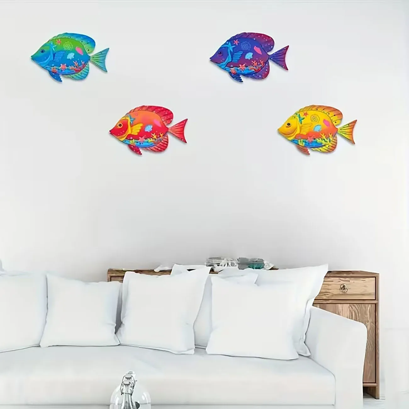 4Pcs Colorful Tropical Fish Wooden Wall Stickers With Double Sided Nano Tape, Ocean Style Living Room Wall Decor Ornament - view 5