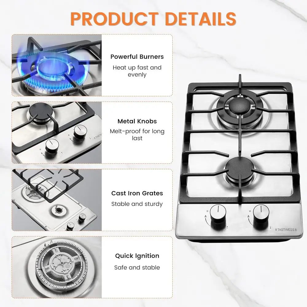 Fogão a Gás Embutido de Aço Inoxidável de 12 Polegadas com Conversão NG/G e Proteção Térmica