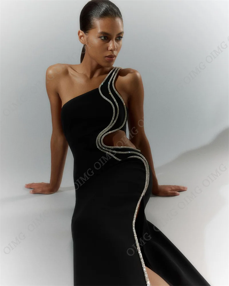 OIMG Elegant Black Shiny Side Slit Evening Dresses One Shoulder Strapless Sleeveless Dubai Prom Gowns Formal Party Dress