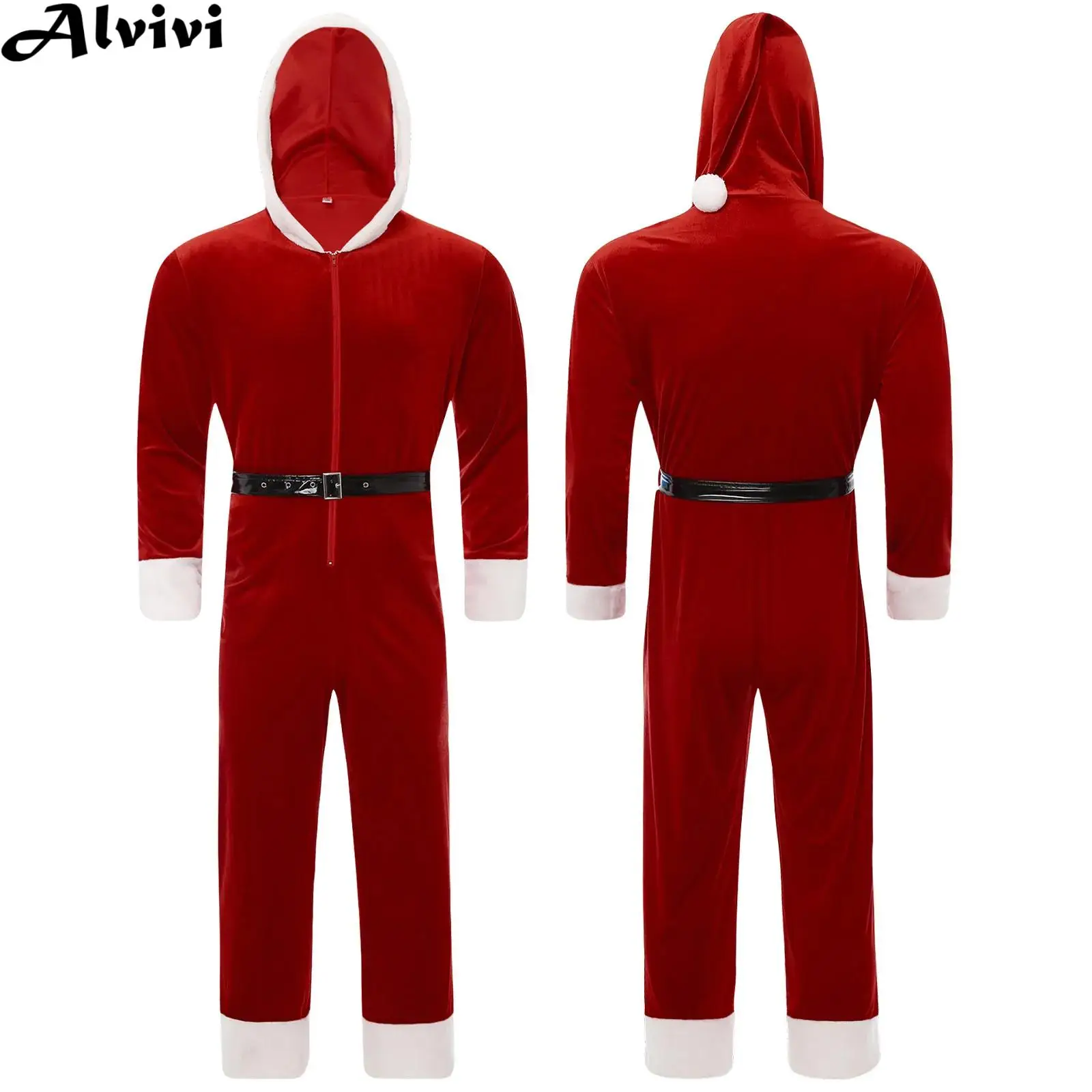 

Мужской бархатный рождественский комбинезон с длинными рукавами и капюшоном с поясом, карнавальный костюм на канун Рождества, карнавальный костюм Санта-Клауса, пижамы, клубная одежда