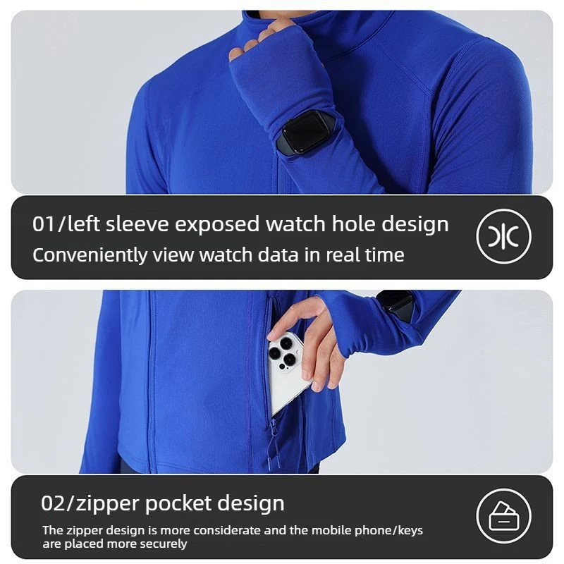 Winter Thermal Lightweight Fleece Running Jacket with Stand Collar Stretch Cuff Thumb & Watch Holes for Marathon Outdoor Gym Men
