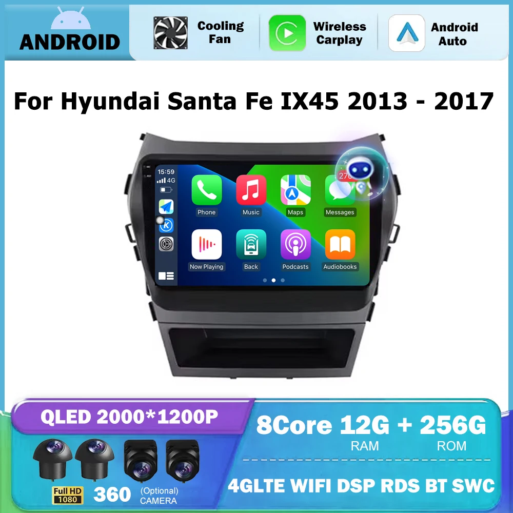 

Автомобильное радио Android для Hyundai Santa Fe IX45 2013-2017 4G Wi-Fi Беспроводная навигация Carplay GPS-экран Стерео без 2din DVD