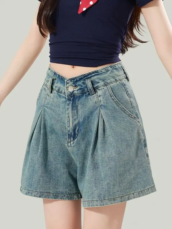 Neutral High Waist A-Line Denim Shorts Women's Spring Summer New Loose Casual Pleated Blue Jeans Female Fashion Trend