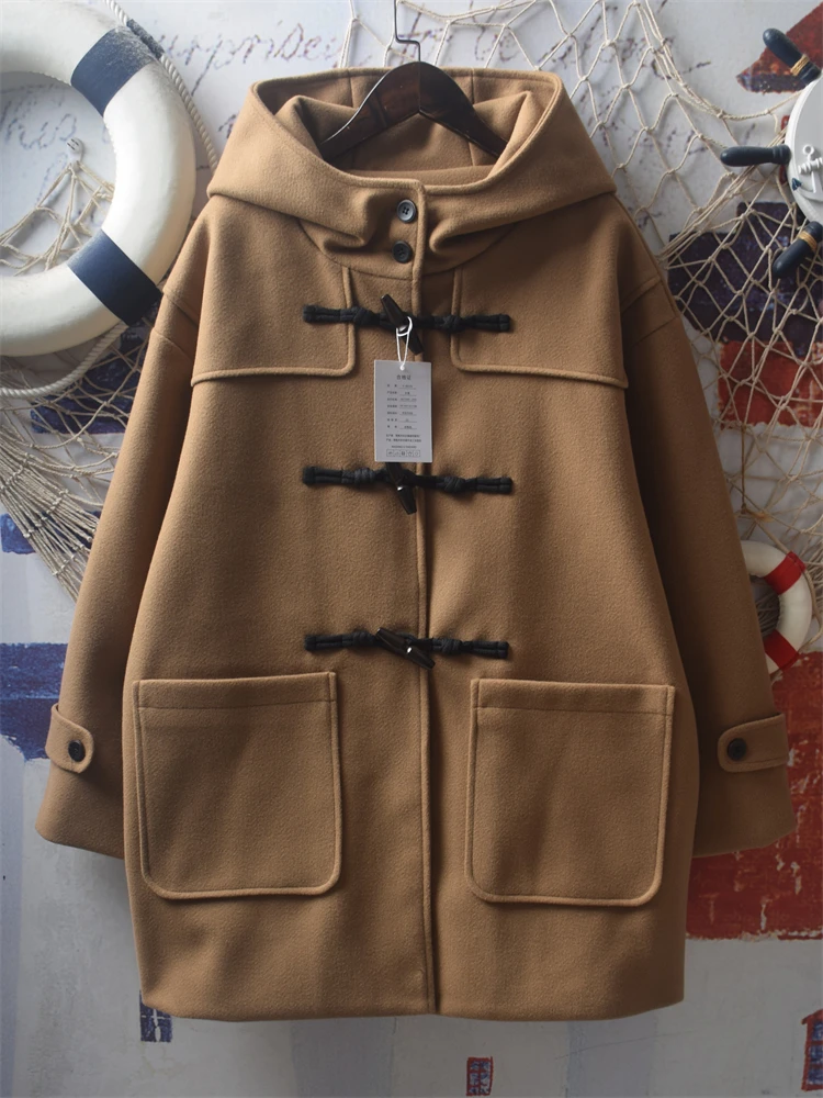 اليابانية الخريف الشتاء معطف الصوف فضفاض رشاقته الدافئة مبطن معطف الصوف الرمادي منتصف طويلة مقنعين القرن زر الطلاب سترة