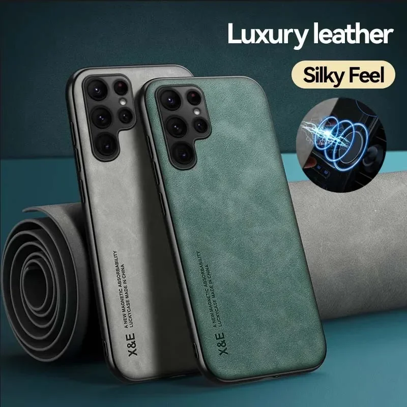 Luxury Leather Case For Samsung S24 S23 S22 Ultra FE A16 A55 A54 A53 A35 A34 A33 A14 A15 Cover With Metal Plate Support Car Hold