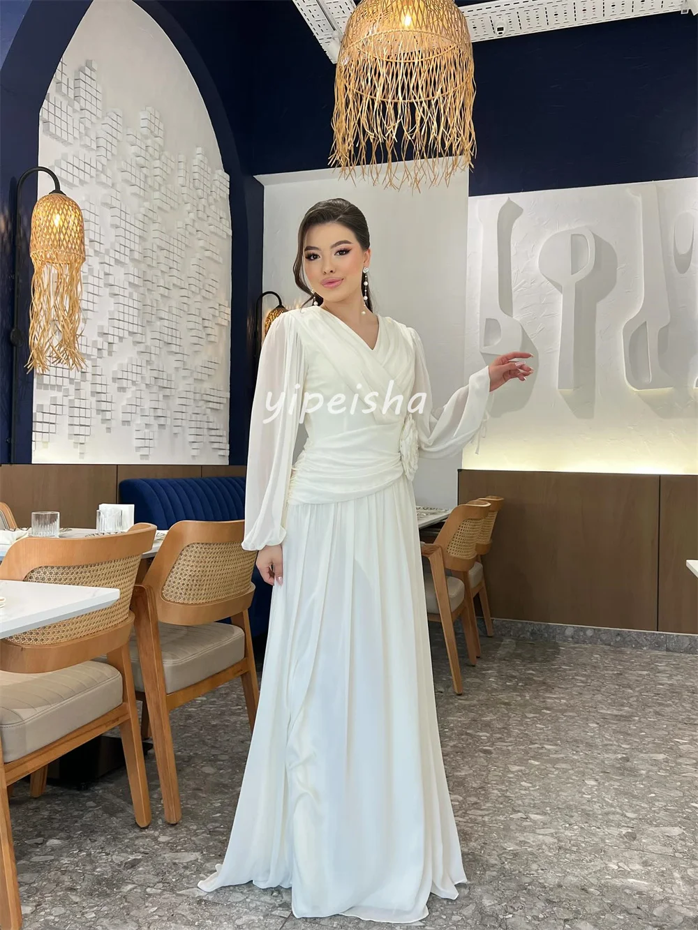 Customized Chinese Style Matching Chiffon Pleat Handmade Flower A-line V-neck Long Dresses Bespoke Occasion Dresses Exquisite