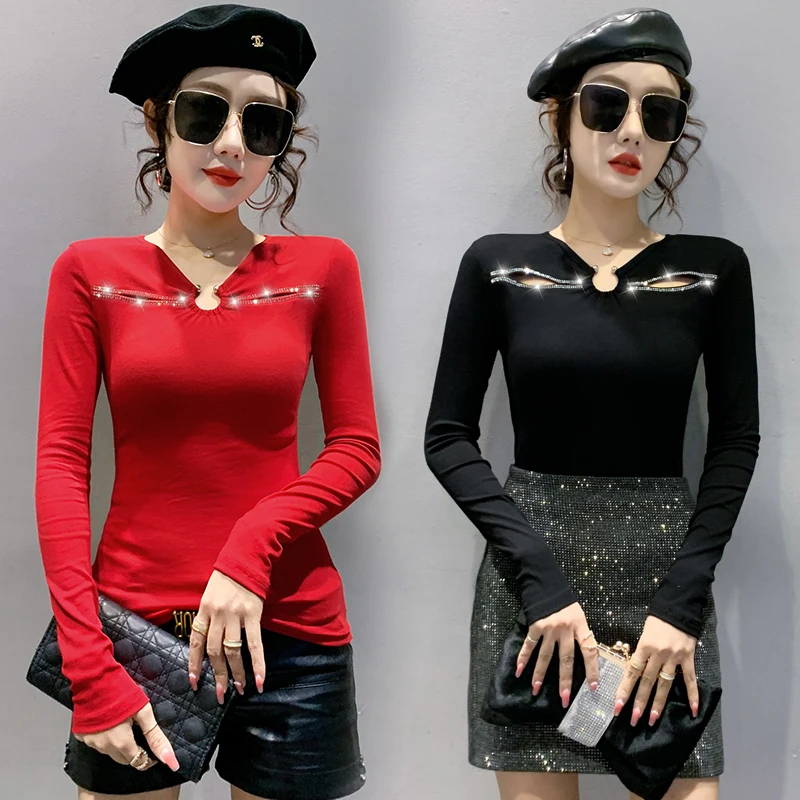 MadBlack – Camiseta feminina europeia, top sexy com decote em V e diamantes quentes, roupa de balada de manga comprida slim oca, outono inverno T4N502CC