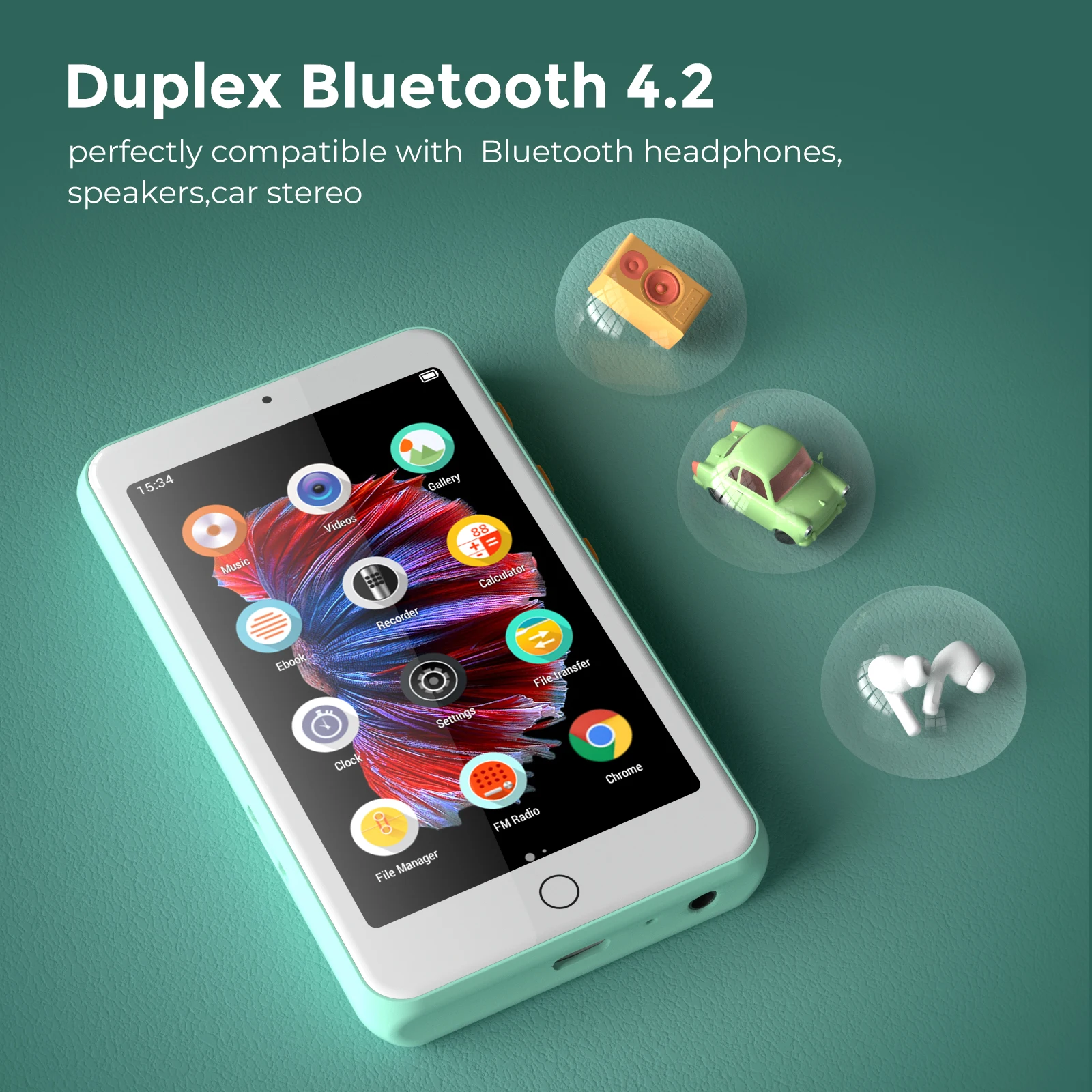 مشغل MP4/MP3 محمول مكبرات صوت بلوتوث وواي فاي، مشغل موسيقى مع فيديو، راديو FM، كتب إلكترونية، مسجل، سعة تصل إلى 512 جيجابايت