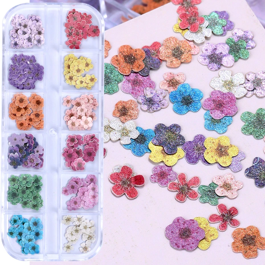 12 Grids 3D Colorful Flower Ultra-thin Resin Filling Wood Pulp Slice Small Daisy Nail Decals DIY Manicure Decoration Accessories