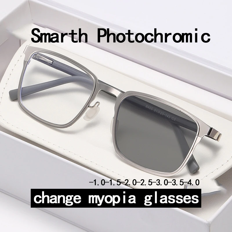 Light-sensitive Color-changing Nearsighted Glasses,Business Full-frame Eyewear,Ultra-light Nearsighted Glasses, Square Shape8405