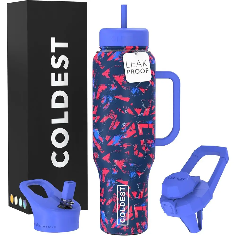 

46 oz Insulated Tumbler with Handle and 3 Lids - Leak-Proof, Stainless Steel, Travel-Friendly