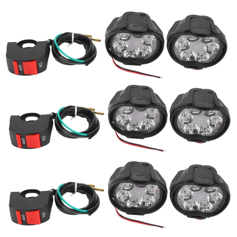 6Pcs 6 LED Motorcycle Light Headlight Assembly 10W 1000Lm+Switch Universal Scooter Fog Spotlight 6000K White DRL Lamp