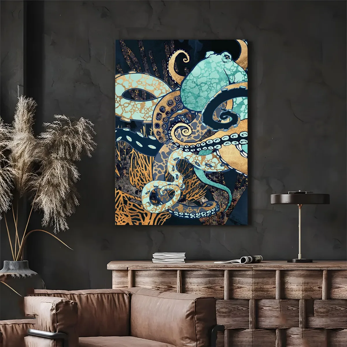 1pc FramelessOctopus Wall Art - Ocean Theme Canvas Print with No frame, 16x24 Inch, Vibrant Teal Blue & Golden Accents