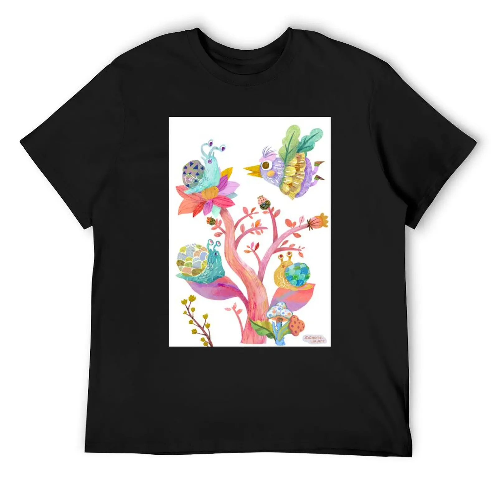 A cute little bird and snails on white background with happy colors characters T-Shirt for a boy cheap stuff mens t shirts pack