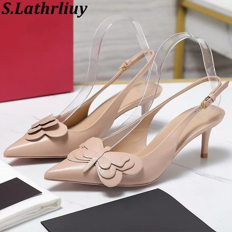 

Women's Elegant Pointed Toe Real Leather Sandals Bow Design Back Strap British Style Sandalias Spring/Summer Banquet Dress Shoes