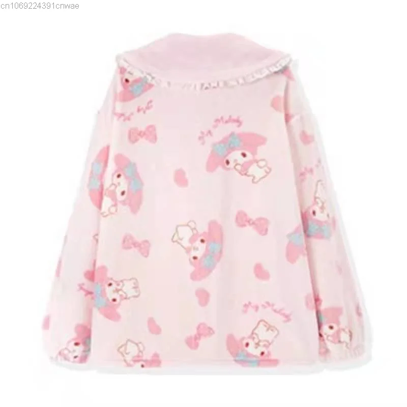 Sanrio My Melody Warm Sleepwear For Winter Y 2k Cute Anime Pink Pyjamas Set For Women Two-piece Set Loungewear Home Suit Female