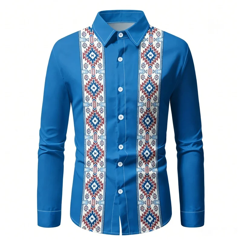 Men's Long Sleeved Shirt With Fashionable Printed Western Ethnic Style Wine Red Slim Fit Casual Business men's Top XS-6XL Size