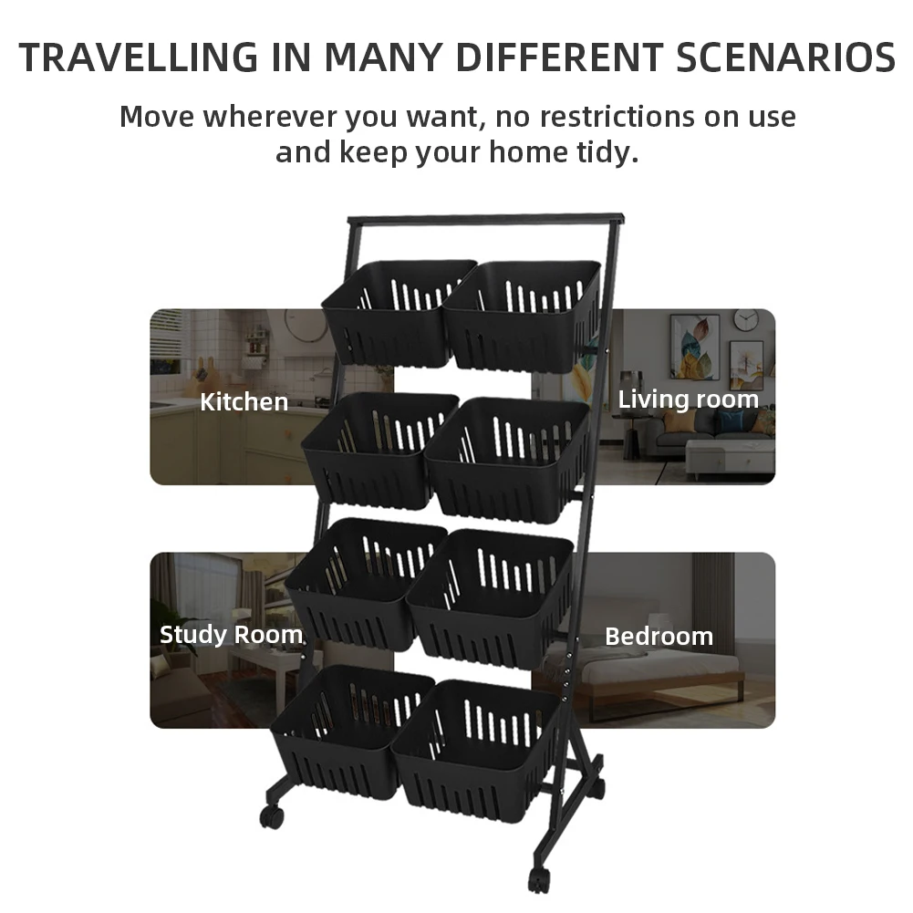 4-Tier Fruit and Vegetable Basket with Rolling Wheels Vegetable Storage Rack W/Rolling Wheels for Pantry Bathroom Laundry Room