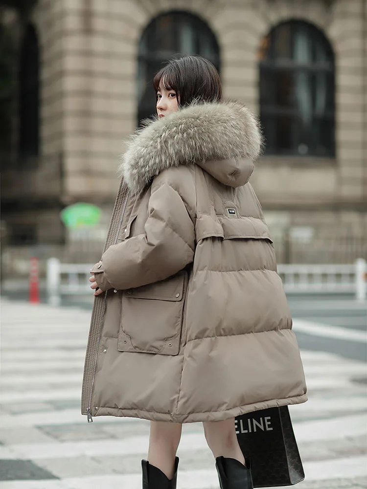 High grade Real Raccoon Fur collar Down Snow Jacket Women\'s 2024 Winter New Loose White Duck Down Coat Female Warm Hooded Parkas