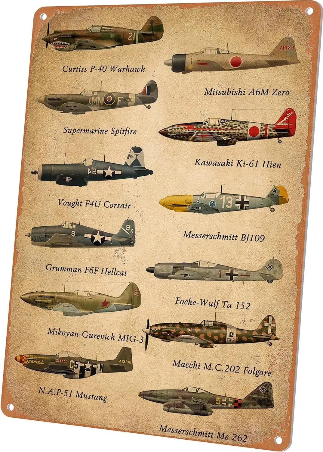 Wallors Vintage Aviation Airplane Decor WW2 Fighter Planes Metal Tin Sign Boys Room Wall Art Decor Military Fan Gifts Man Cave G