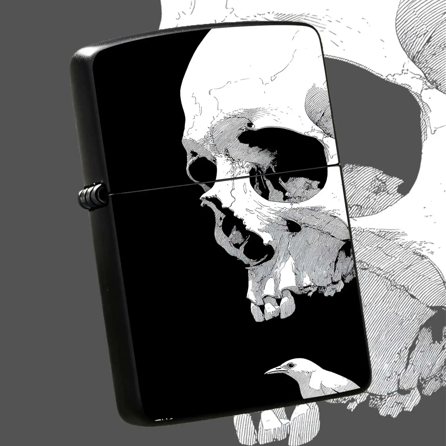 Flip-top Pocket Windproof  Lighter, Featuring Artistic Skull and Bird Pattern, Retro Textured Body, Portable and Durable Daily Carry Ignition Tool, Suitable for Outdoor Camping, Home and Various Daily Scenarios Humor