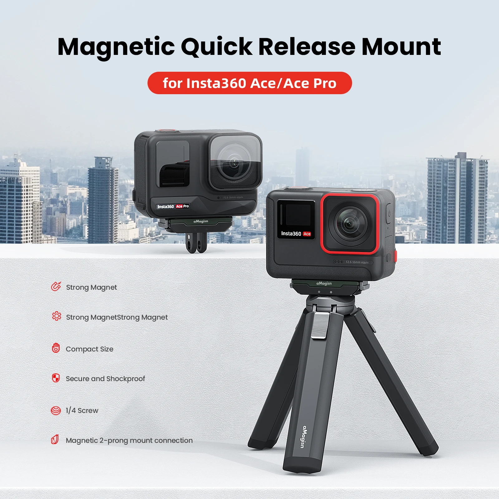 aMagisn Magnetic Quick Release Mount for Insta360 ACE/ACE PRO Aluminum Alloy 1/4 Screw Holes Tripod Adapter Base