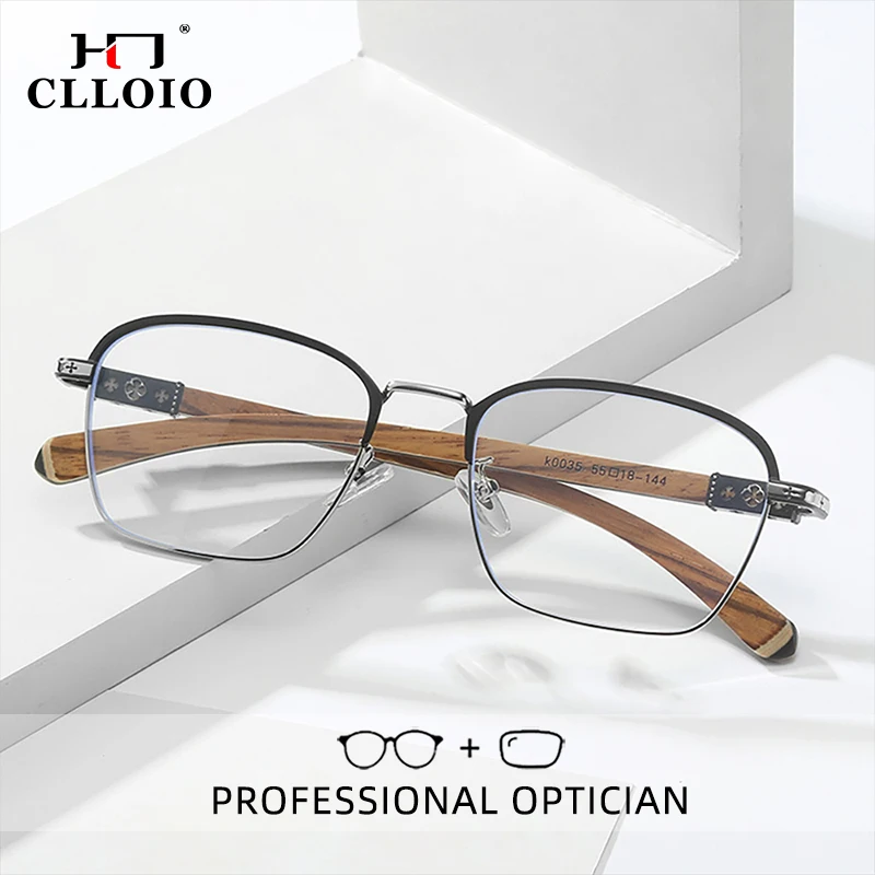 

CLLOIO Fashion Vintage Reading Glasses Men High Quality Anti Blue Light Wood Grain Square Myopia Prescription Optical Glasses