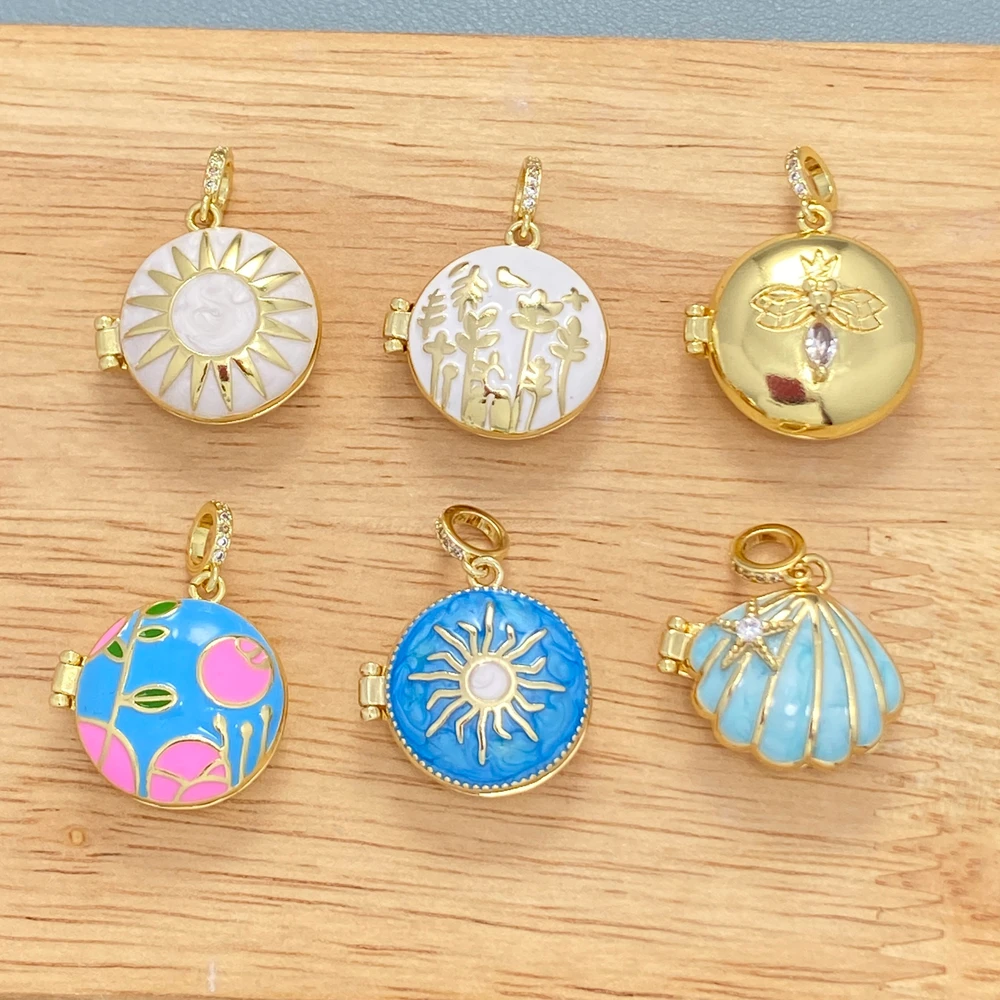 

18K Gold Plated Openable Enamel Locket Pendant Round Photo Locket Charms DIY Jewelry Making Accessories For Necklace Gift