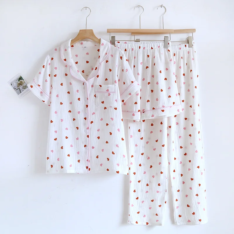 2024 New Summer Pajama Set 100% Cotton Crepe Love Short Sleeves+Shorts+Pants Three Piece Buckle Cute Home Fury Ladies Sleepwear