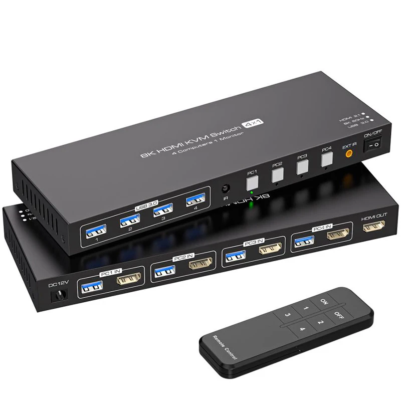 

HDMI2.1 KVM Switch 4 Computers 1 Monitor, 8K 4 Port KVM Switches For 4 PCs Share 4 USB Devices Like Keyboard Mouse Printer